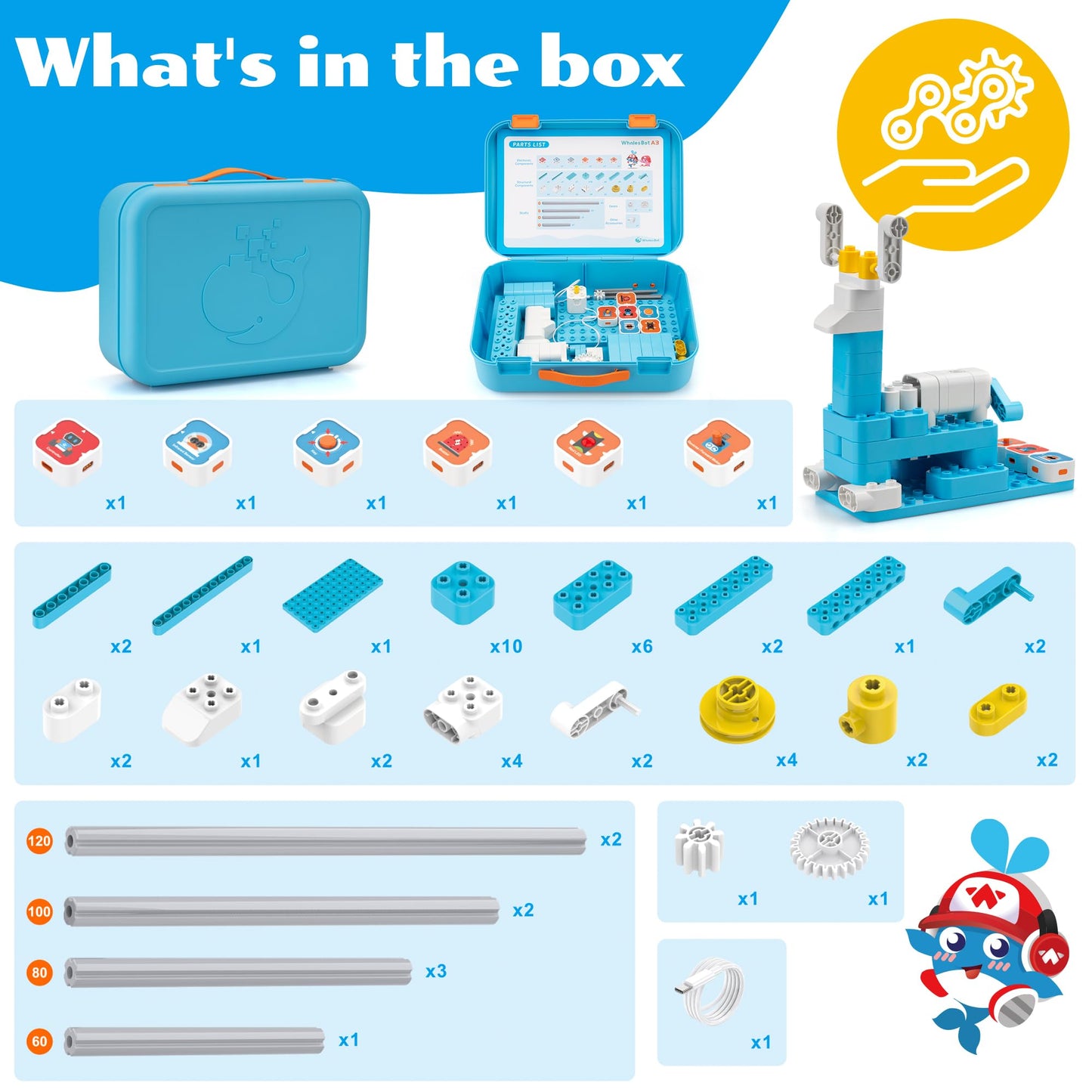 Whalesbot A3 Coding Robot For Kids, Multiple Sensors Coding Block Stem Building Set, 12 In 1 Story Based Tutorial, Stem Toys For
