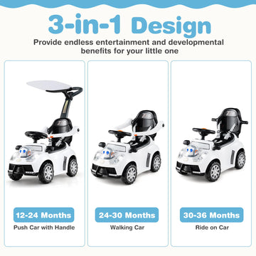 Costzon Push Car For Toddlers, 3 In 1 Stroller Sliding Walking Car With Handle, Canopy, Seat Belt, Horn, Music & Lights, Under-S