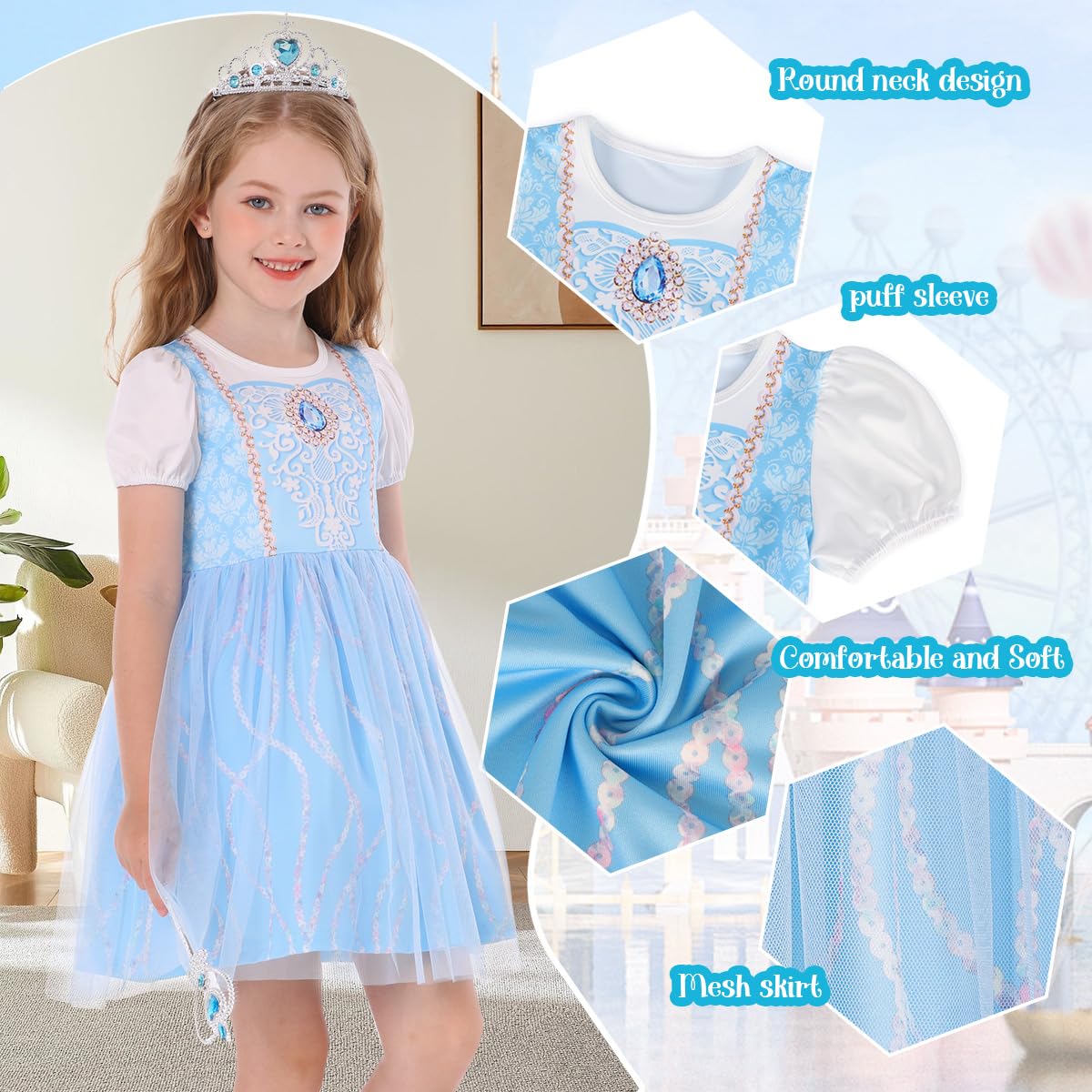 Benylion Princess Dress for Girls Kids Blue Princess Dress Halloween Cosplay Party Outfits Cinderella Dresses for Girls Birthday