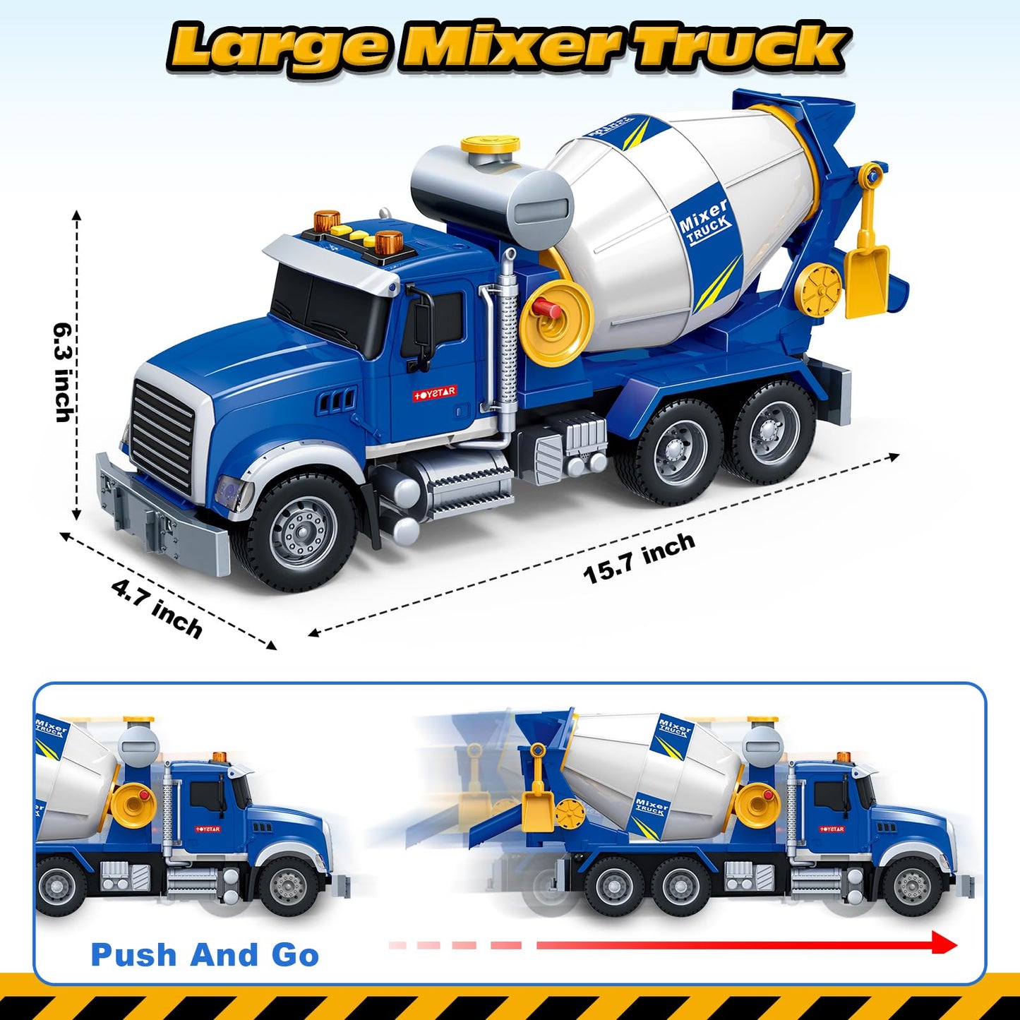 Kids Toys for 3 4 5 6 7 8 Years Old Boys, 15'' Large Cement Mixer Truck Toy with Lights, Sounds, Blue Toddler Friction Powered T
