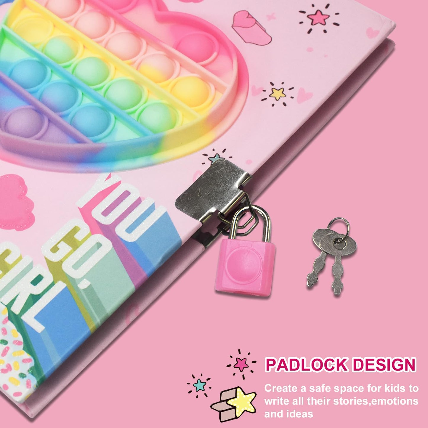 Ginmlyda Pop Girls Diary With Lock And Invisible Ink Double-End Pen, 7.5X5.4 Inches 160 Lined Pages Fidget Colorful Heart Girls Journal For Kids Secret Notebook Pen Set Gifts For Writing
