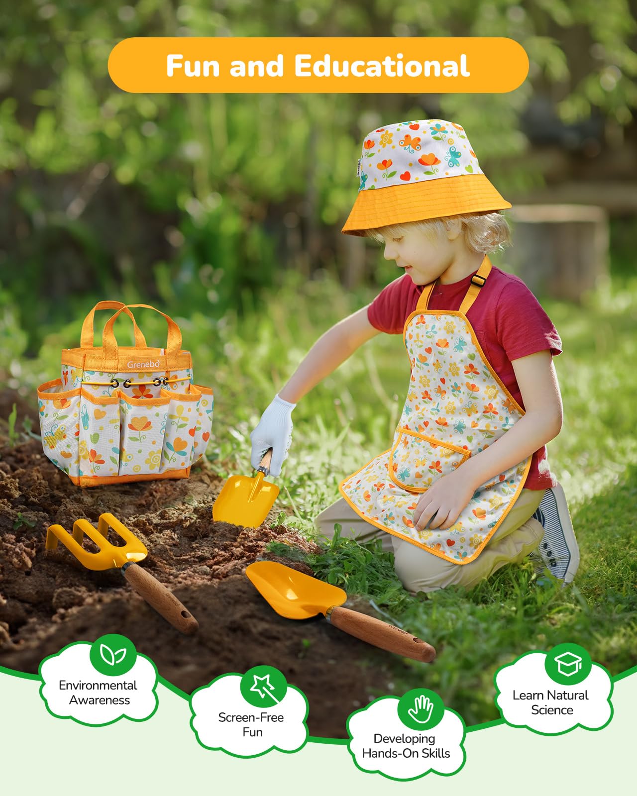 Grenebo Kids Gardening Set Toys,Includes Metal Trowel,Transplanting Shovel,Garden Hat,Rake,Apron,Gloves,Watering Can,And Tool Or