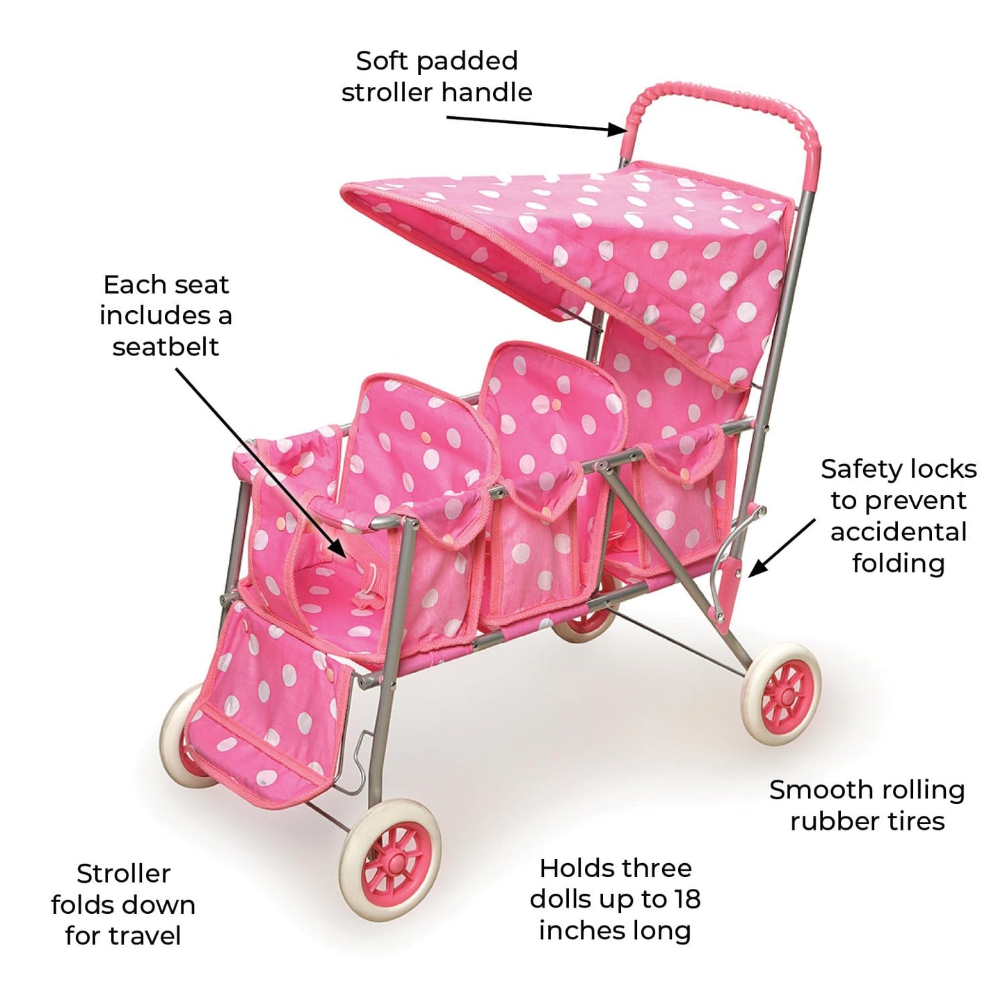 Badger Basket Folding Triple Doll Stroller For 18-Inch Dolls – Stylish Pink With Polka Dots, Lightweight And Convenient For Fun Playtime Adventures