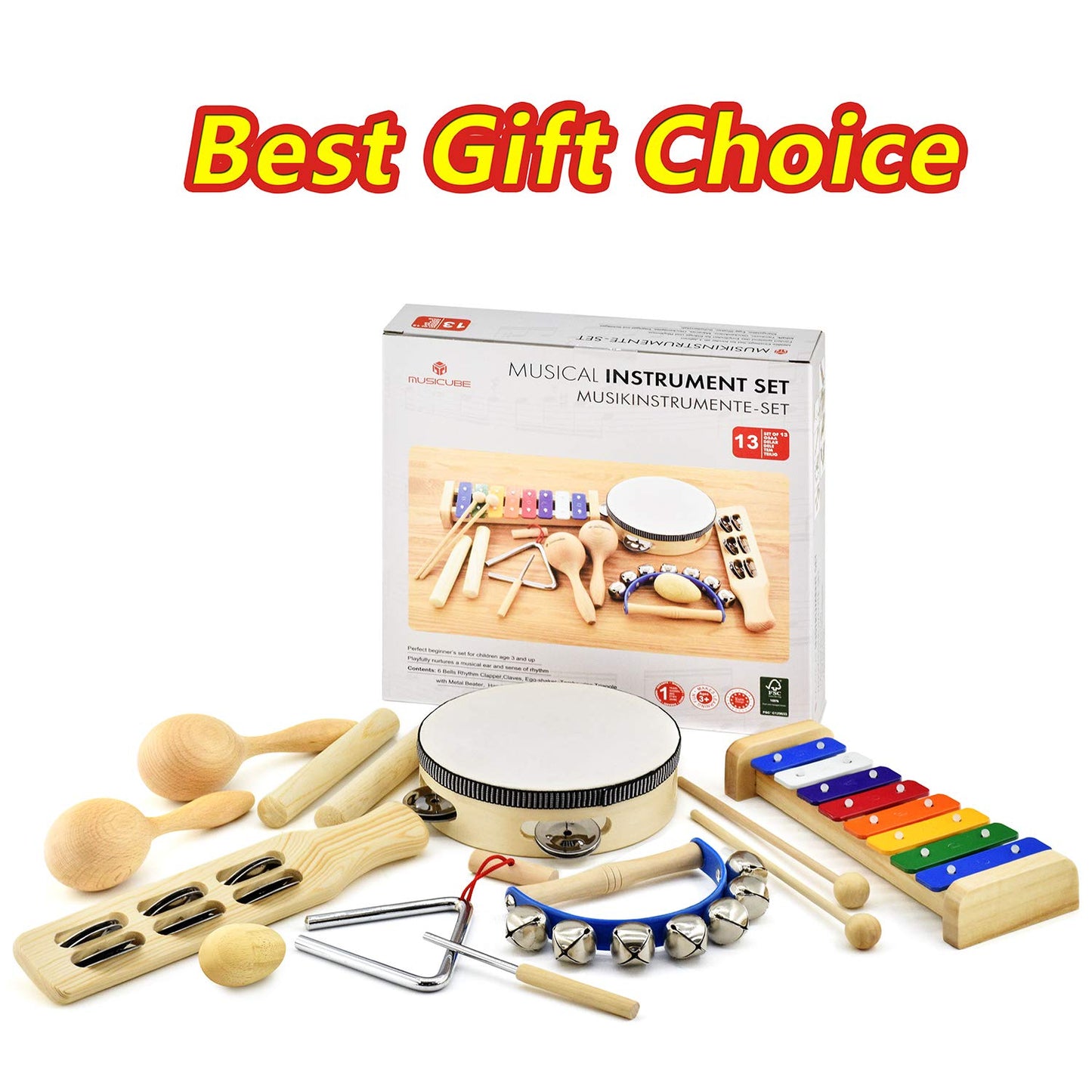 Musicube Musical Instrument Set For Toddler Baby Kid Wooden Percussion Instrument Musical Toys Xylophone Maracas Egg Shaker Tambourine Triangle Instrument For Boys Girls Aged 3+ Choice