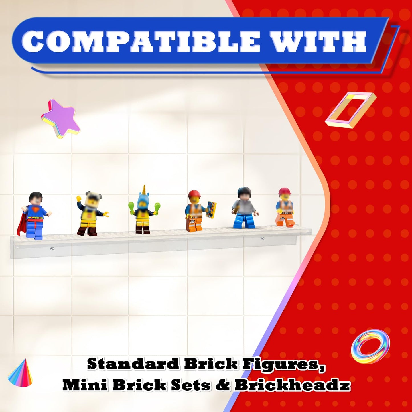 3-Pack Display Shelves For Minifigure - Wall Mount Shelf For Building Bricks Holds Up To 72 Figures, Cabinet Acrylic Floating Di