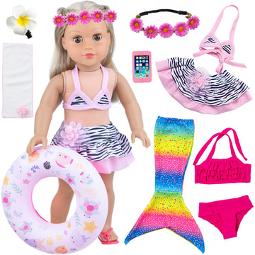 Unicorn Element 10 Pcs 18 Inch Doll Clothes And Accessories Set Including Colorful Mermaid Swimsuits, Mobile Phone, Hairpin, Swimming Circle For 18 Inch Girl Dolls