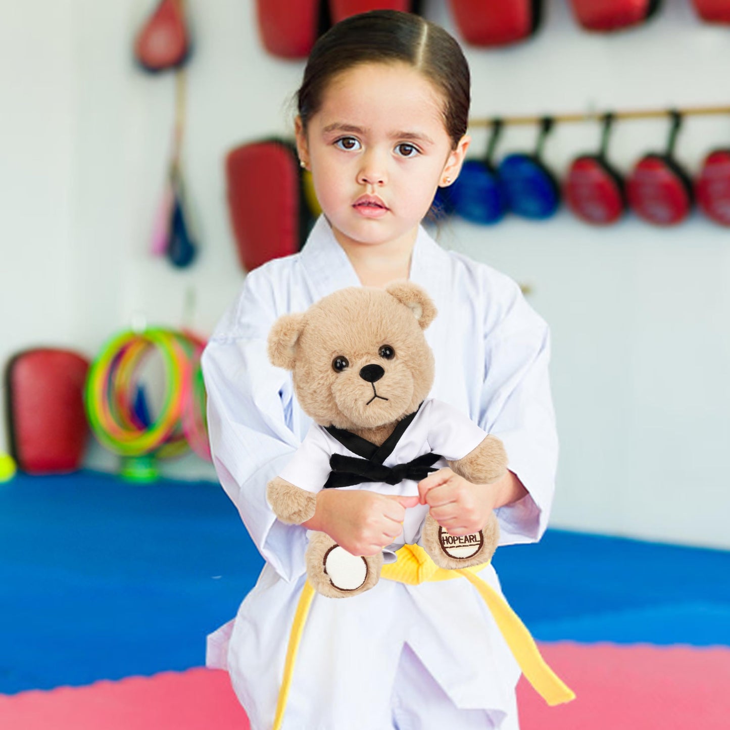 Hopearl Taekwondo Bear Plush Toy - Detachable Uniform, 6 Color Belts, 10", Brown, Model HONE0172 - Perfect Gift for Kids, Taekwondo Lovers