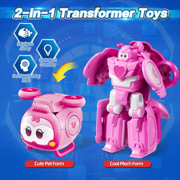 Super Wings 2-in-1 Transforming Mech Robot, 2.4 Dizzy Pet & 4.3 Mecha Mode, Pink Transformer Toy for Boys & Girls Ages 3