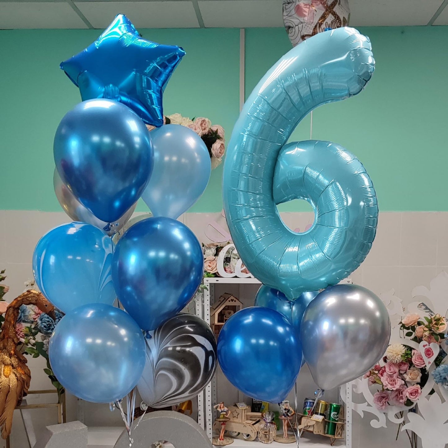 Paticool 40 Inch Blue Number Balloon 6, Large Light Blue Number Foil Mylar Balloons For Birthday Party Celebration Decorations S