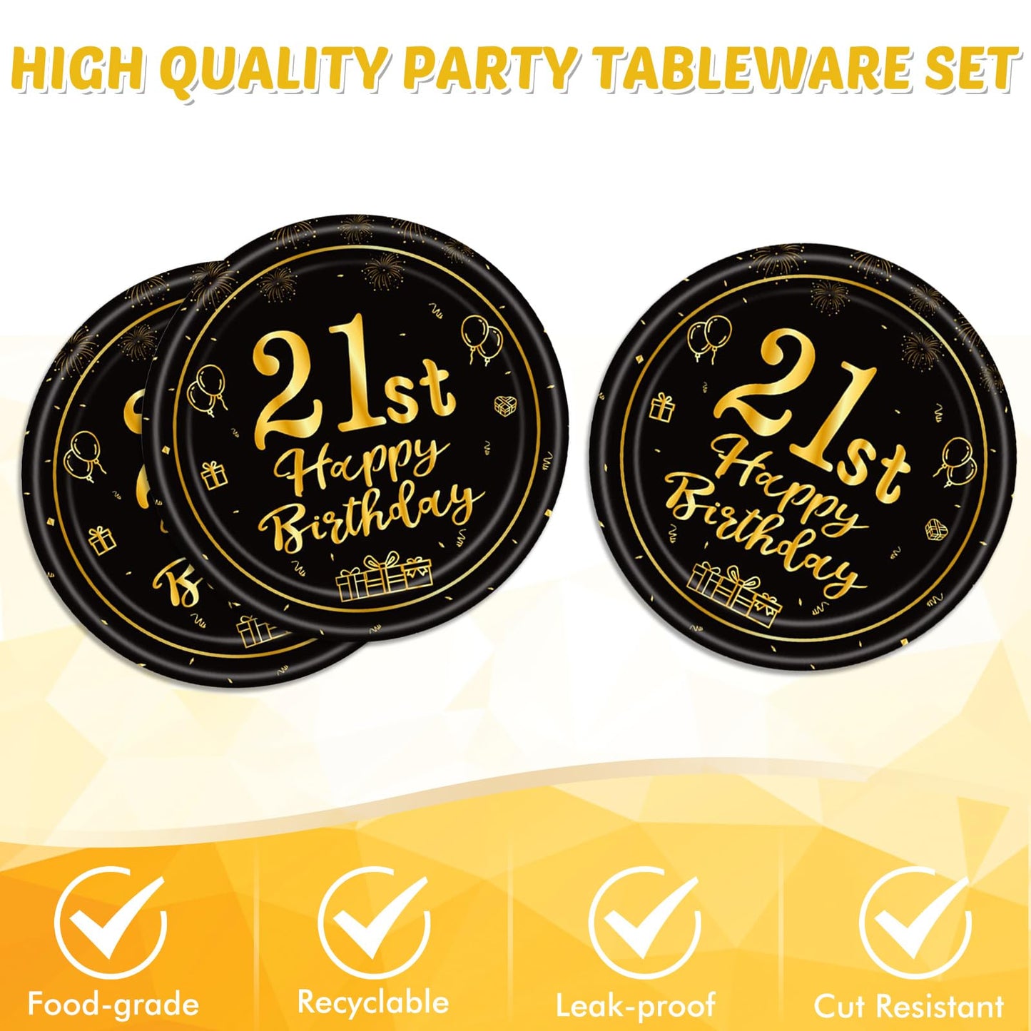 40 Pcs 21St Birthday Decorations Happy Birthday Decorations 21 Years Tableware Table Decorations Black Gold 21St Birthday Plates