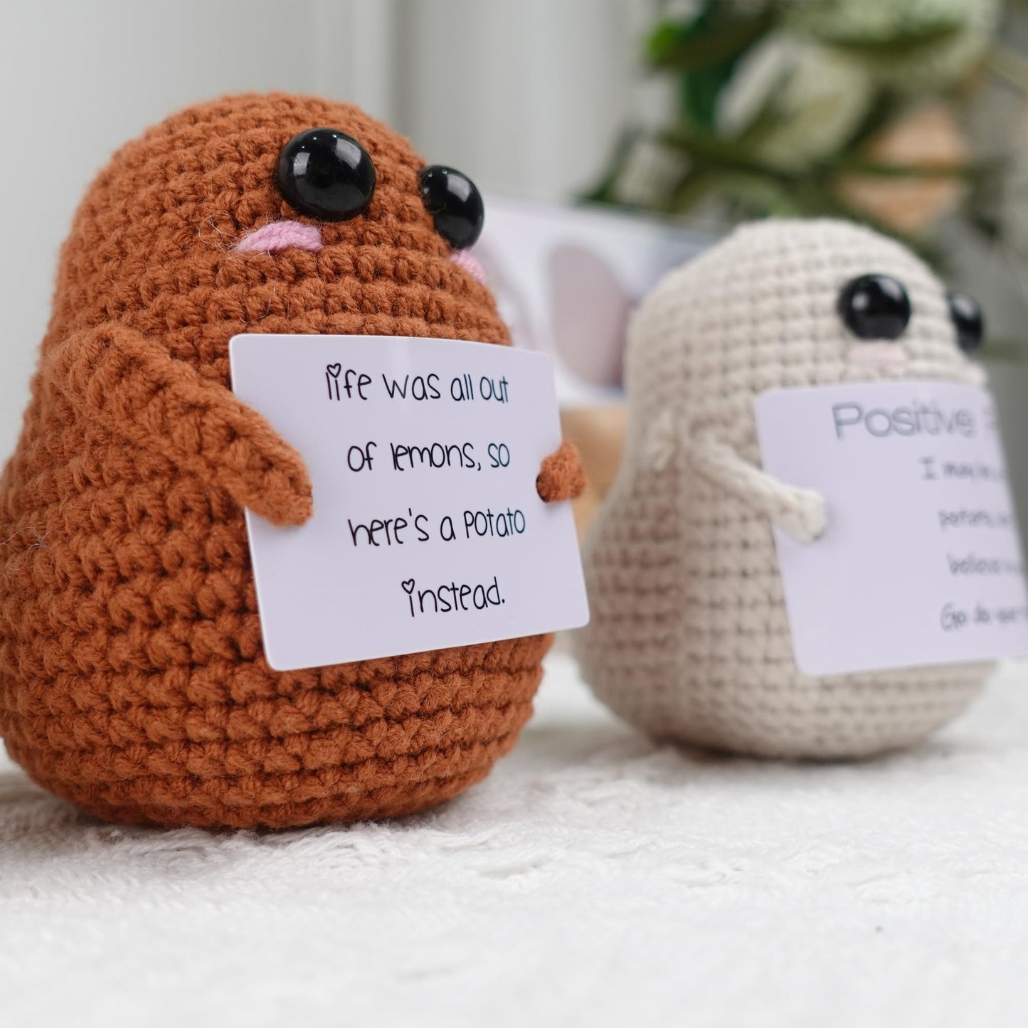 Dicha Positive Potato- Cute And Funny Emotional Support Gift For Friends Party Decoration Encouragement-Handmade Crochet Animals With Card Spreading Joy-Beige