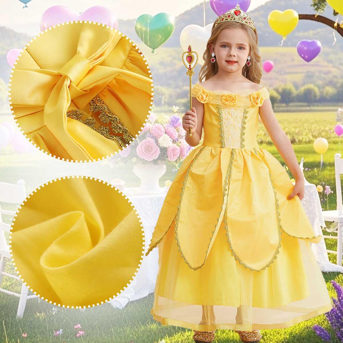 Itvti Princess Belle Dress Up Costume For Girls Yellow Dresses Halloween Cosplay Birthday Outfit With Accessories, Yellow, 6-7 Years(Tag 140)