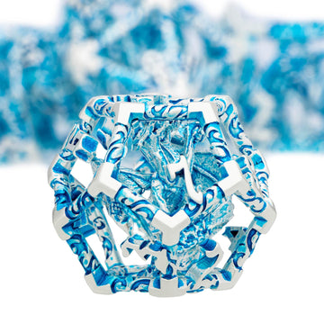 ARUOHHA Hollow DND Dice Set Silver Blue 5-Headed Dragon D and D Dice with Gift Box, Dungeons and Dragons Role Playing Games 7PCS