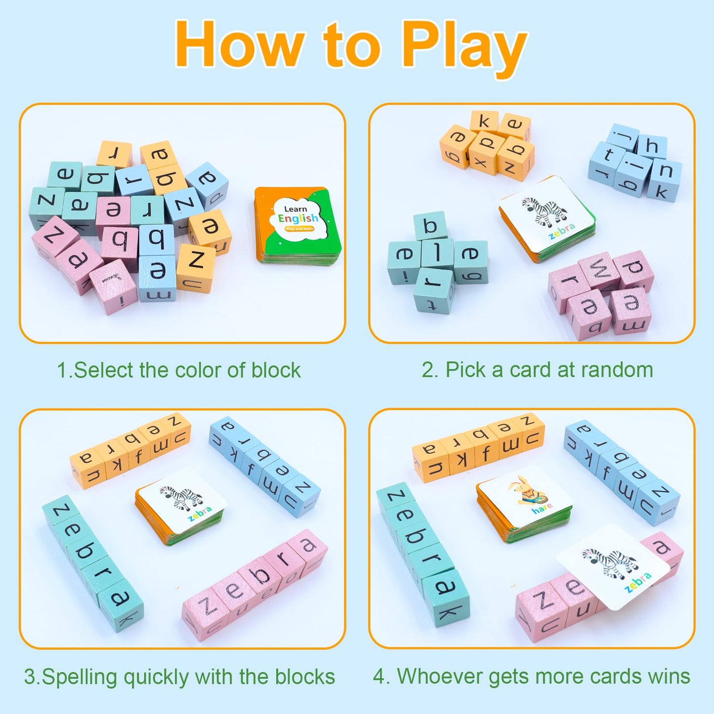 Humerry Word Spelling Game, Matching Letter Game For Kids, Fast-Paced Word Race Cube Game, 54Pcs Flash Cards Alphabet Blocks, Ed