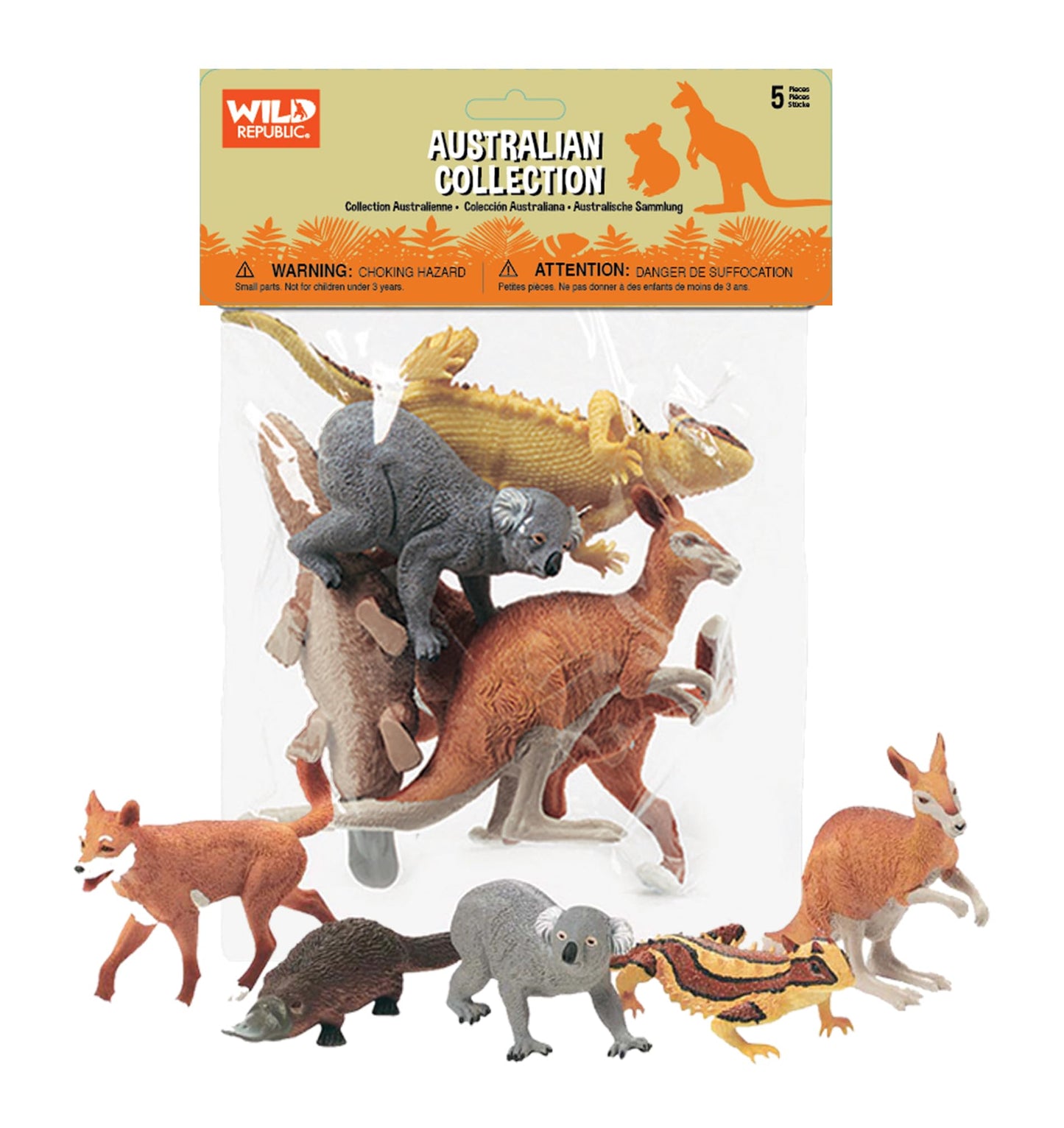 WILD REPUBLIC 5 pc Australian Animal Set - Kangaroo, Koala, Dingo, Platypus, Lizard, Standard-Size, Plastic