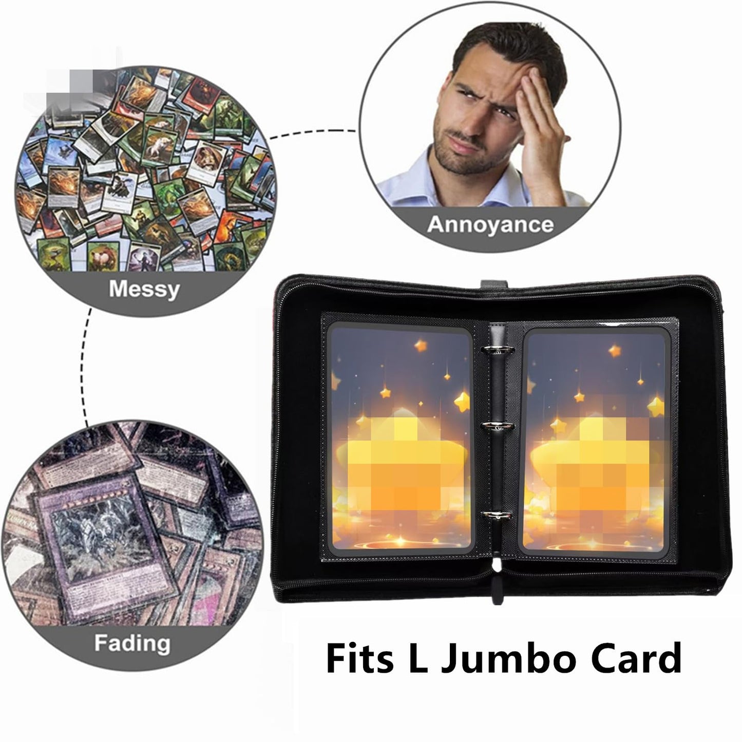 Card Binder for Jumbo/Oversized Cards 80+ Pockets Card Storage Abulm with 40+ Double-Sided Removable Pages enhanced Leather Binder for Trading/Gaming Cards (Black Large 5.4x7.5)