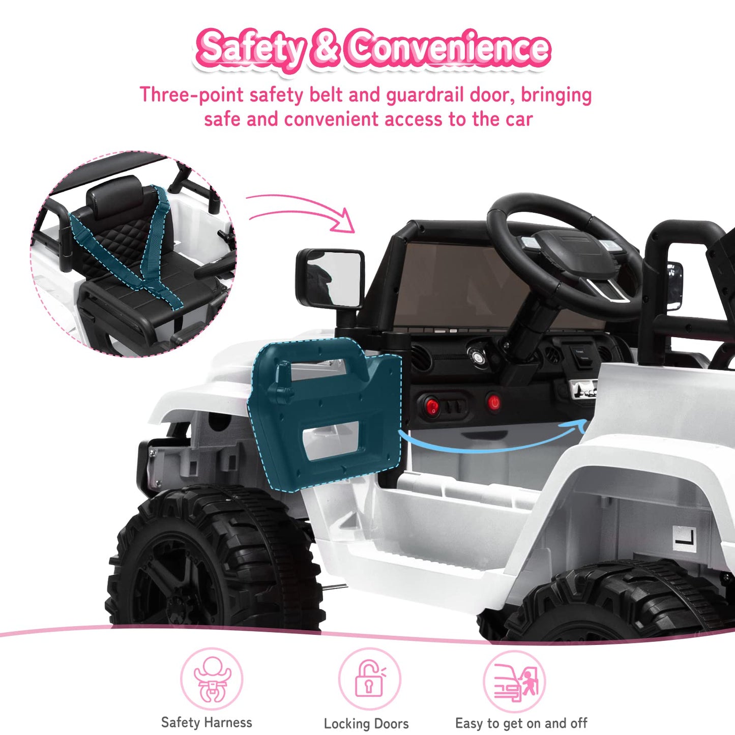 Joymor Ride On Truck With Remote Control, 4 Wheels 12V Battery Powered Kids Car, With Led Headlight/Horn Button/ Mp3 Player/Usb Port/Forward Backward/Kids Girl Boy (White)
