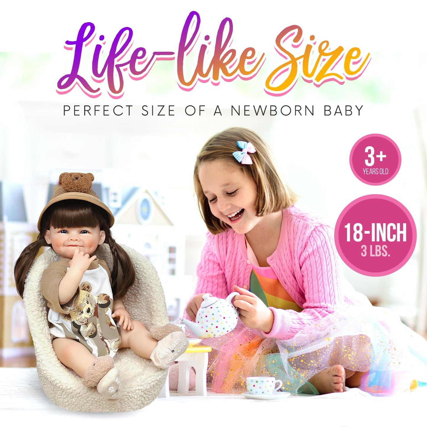 Dollhood Realistic Baby Doll Girl - 18-Inch Real Life Silicone Baby Doll With Movable Arms And Legs - Lifelike Reborn Baby Dolls - Silicone Full Body Baby Reborn Dolls With Accessories, Gift For Kids