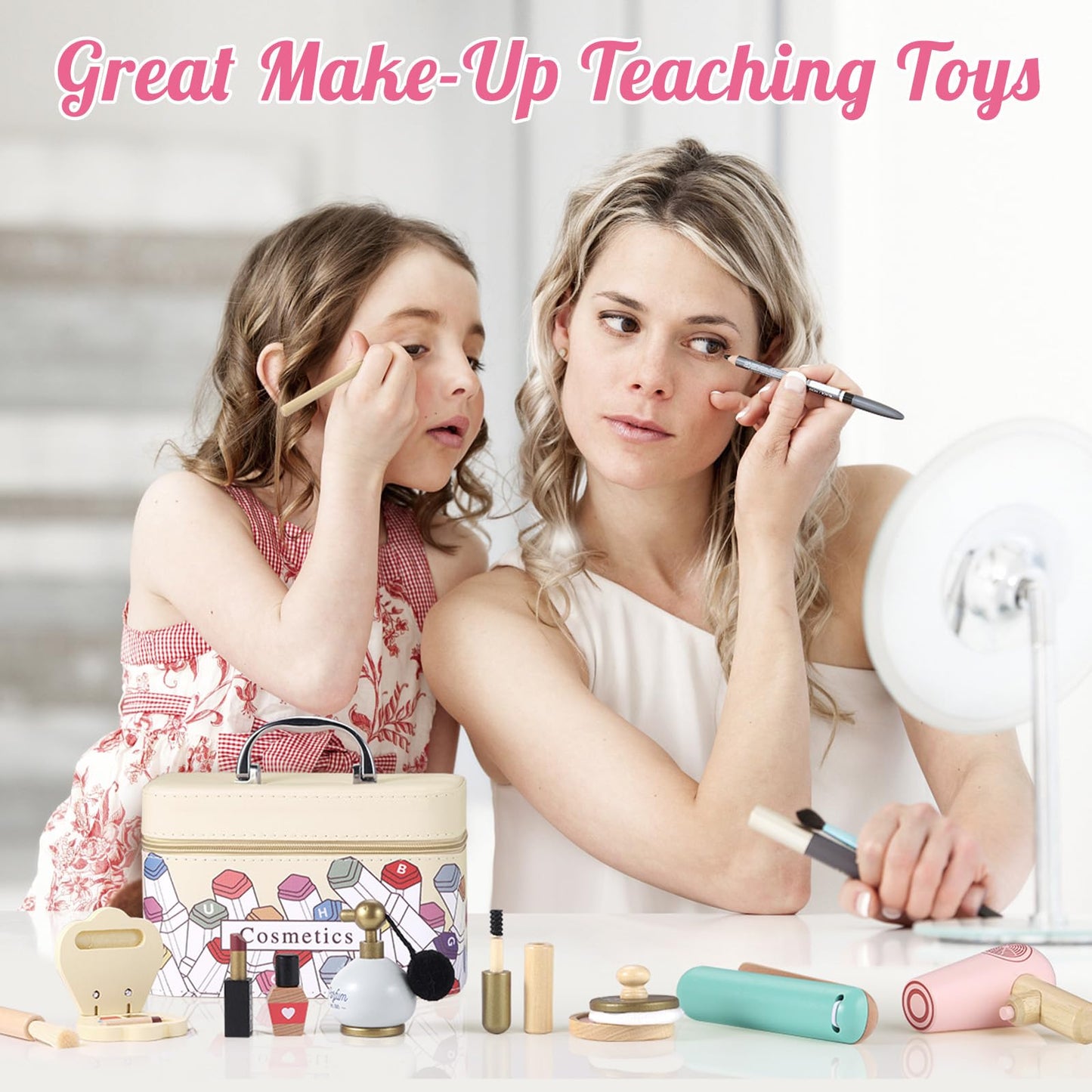 GAGAKU Wooden Makeup Toy Set Wood Hair Salon Playset Toddler Wooden Makeup Kit for Girls,Christmas Birthday Gift for 3 4 5 6 7 Y