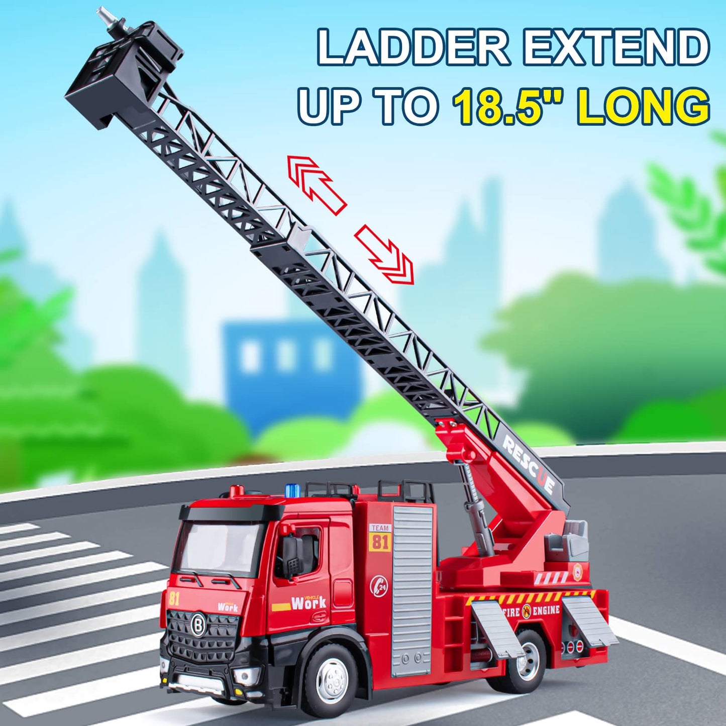 HAPYAD Fire Truck Toy Metal Cab, Fire Engine Truck with Lights and Siren Sounds, Working Water Pump and Ladder, Firetruck Toy fo