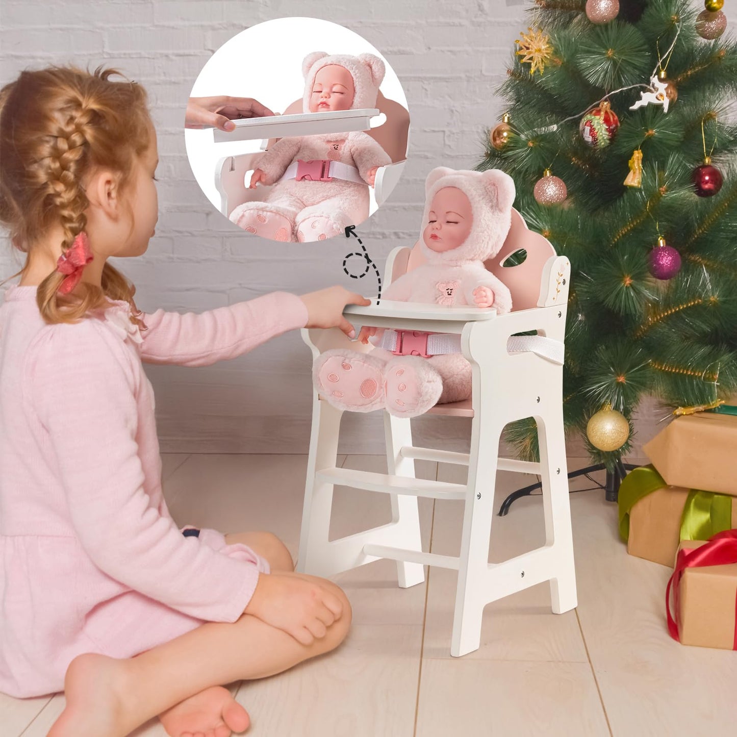 ROBOTIME Baby Doll High Chair Pretend Play High Chair with Safety Belt and Footrest Wooden Baby Doll Accessories Doll Furniture Fits 18-20 Inch Dolls Gift for Ages 3+ (White)