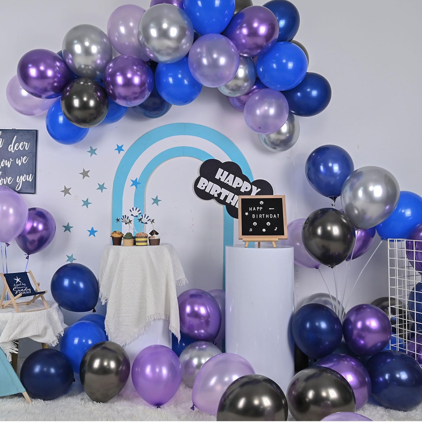Outer Space Balloons, 12 Inches Galaxy Blue Purple Balloons With Metallic Black Silver Balloons, Outer Space Party Decorations F