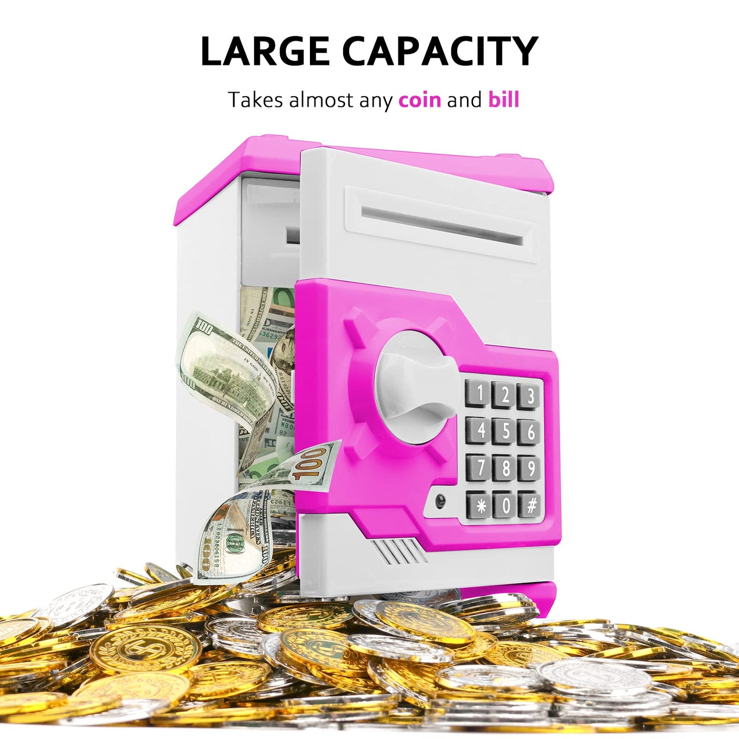 Atm Piggy Bank For Boys Girls, Vcertcpl Mini Atm Coin Bank Money Saving Box With Password, Kids Safe Money Jar For Adults With Auto Grab Bill Slot, Great Gift Toy Bank For Kids (Purple White)