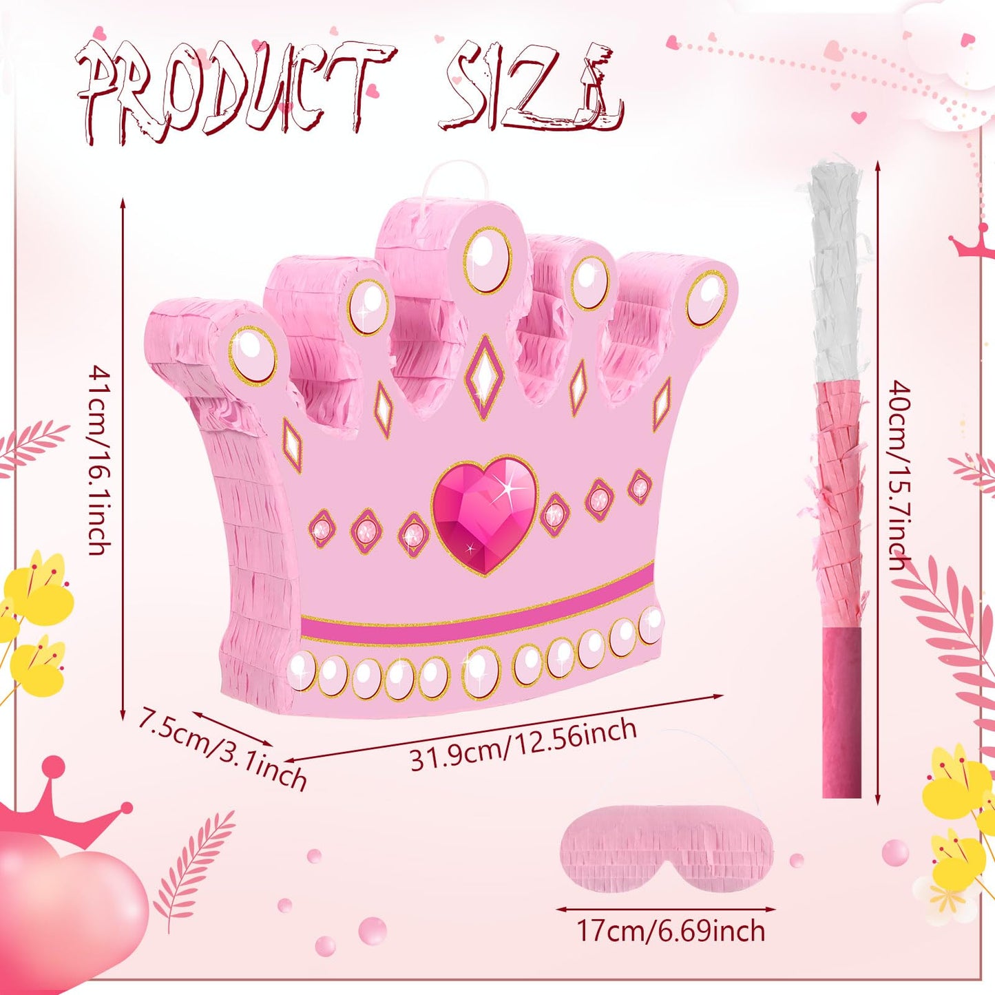 Princess Crown Piñata Bundle Girl Princess Party Piñata Set Include Pink Princess Crown Piñata Stick Blindfold Mask For Princess Theme Baby Shower Birthday Party Supplies Decor, 16.1 X 12.6 X 3 Inch