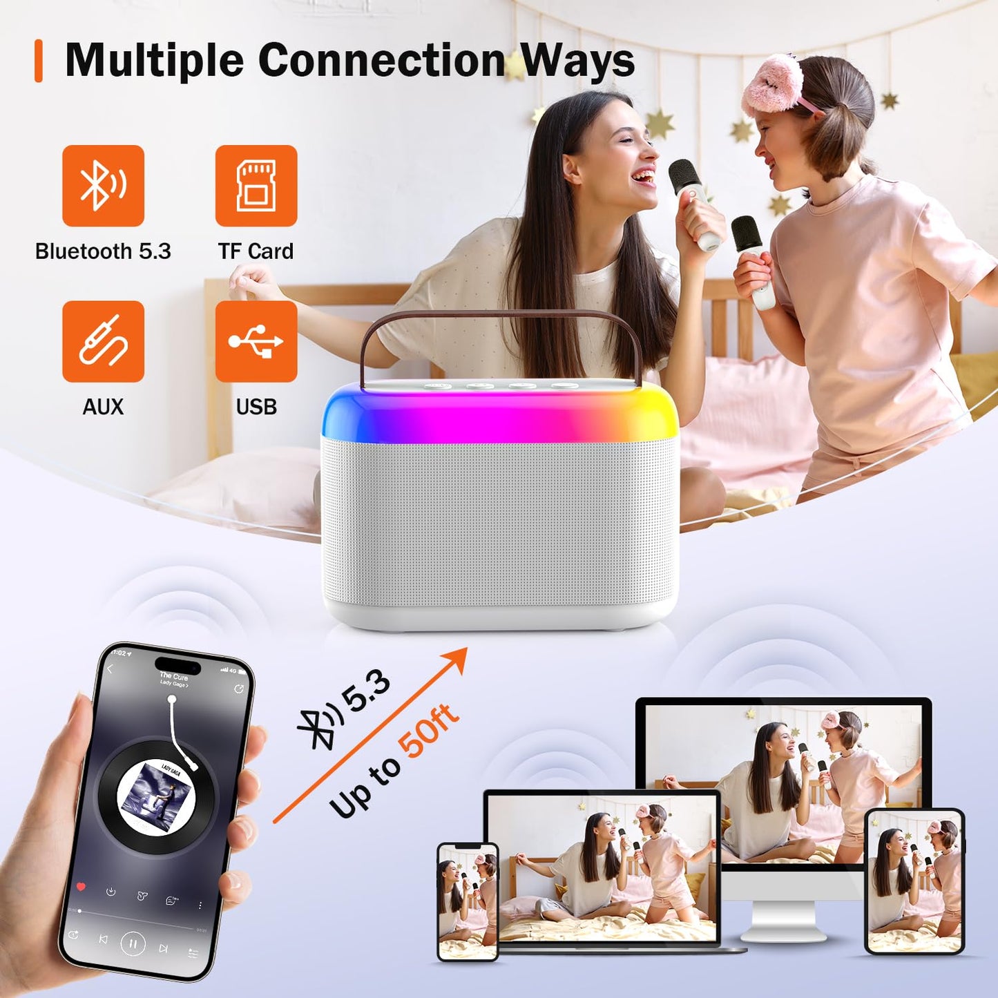 Eaglestone Mini Karaoke Machine For Kids Adults With 2 Wireless Microphones, Portable Bluetooth Speaker 5.3 With Lights 5 Voice Changes, Toddler Teens Toys, 3 4 5 6 7 8 + Year Old Girl Birthday Gifts