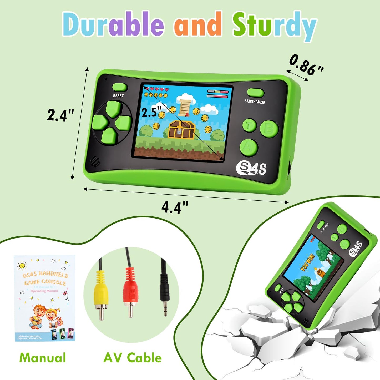 X-Joykids S4S Handheld Game For Kids Ages 4-8, Portable 142 Classic Mini Games 2.5'' Lcd Screen Arcade Gaming System Birthday Xmas Present For Children-Green