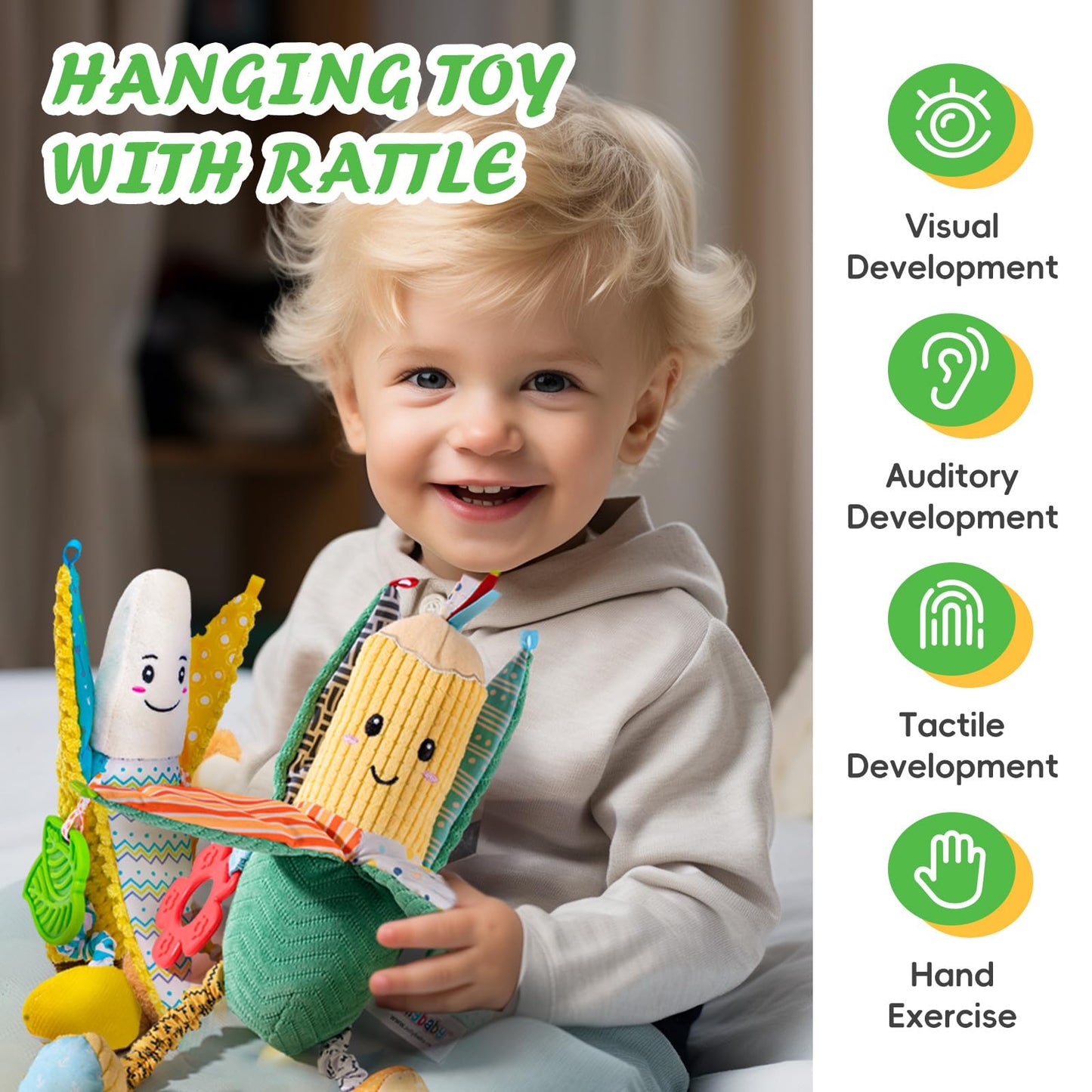 Jollybaby Baby Rattles Hanging Toys For Car Seat Crib Stroller Gym, Montessori Sensory Plush Vegetable Toys For Baby 0-3-6-12 Months With Ring Bell Crinkle And Teether, Newborn