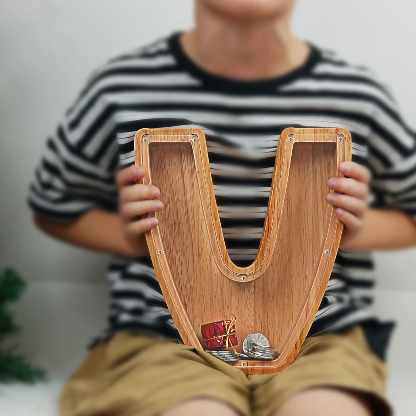 Piggy Bank For Kids Boys Girls, Large Personalized Wooden Letter Piggy Bank With Cut-Out Design, Alphabet Letter Coin Banks, Money Savings Box, Wooden Bank For Kids Creative Gift For Real-Money(V)