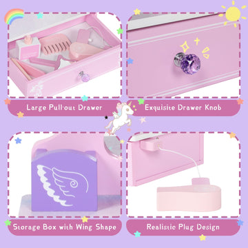 Brinjoy Wooden Vanity Set For Kids, Toddler Tabletop Beauty Salon Play Set W/Accessories & Drawer, Princess Makeup Pretend Play