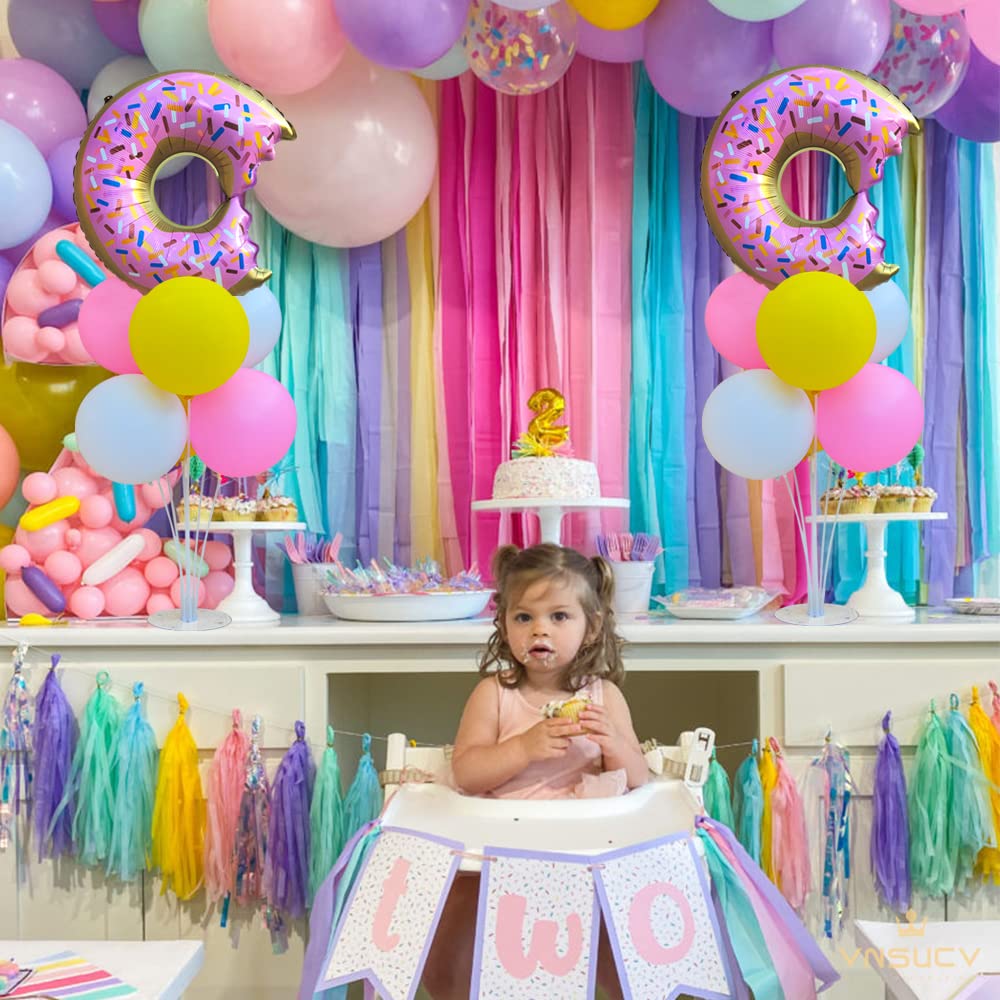 Donut Table Centerpiece Balloons Stand Kit 2 Sets With 2 Doughnut Foil Balloons And 14 Latex Pastel Balloons For Donut Time Deco