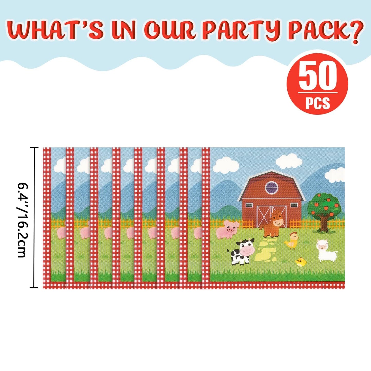 Wernnsai Farm Birthday Decorations - 50 Pack Farm Animals Napkins Barnyard Animal Party Decorations 3-Ply Farm Paper Napkins For Kids Baby Shower 6.5 X 6.5 Inches