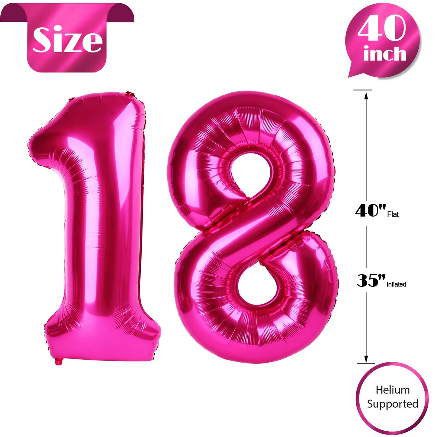 18 Balloon Number, Hot Pink Number 18Th Birthday Balloons 40 Inch, 18 Years Old Hot Pink Birthday Decorations For Boys Girls, 18