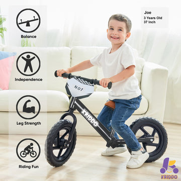 KRIDDO Toddler Balance Bike, 12" Push Bicycle, Custom Plate, Black, Model KB002, Gift for 2-5 Years Old Boys & Girls