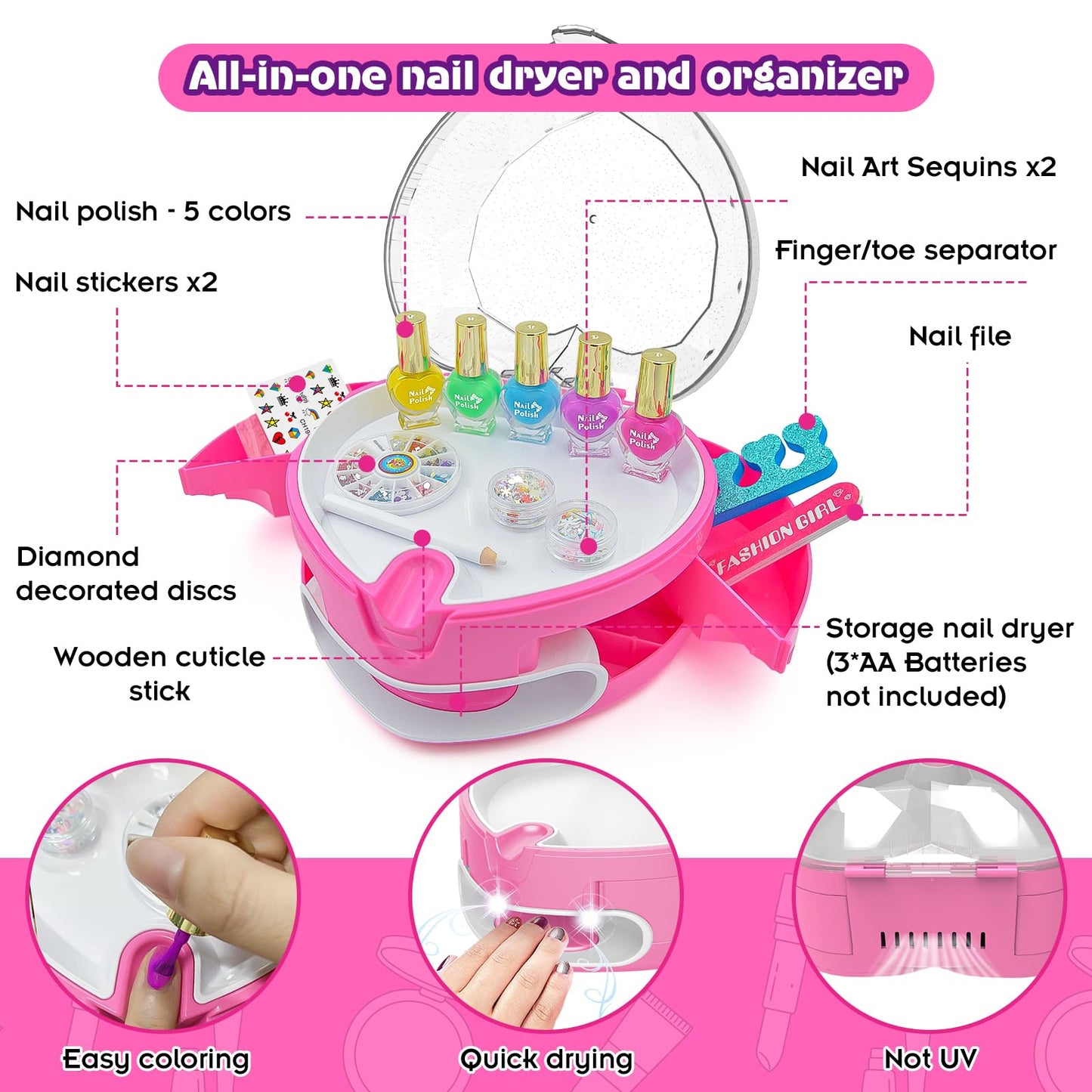 Battop Kids Nail Polish Set For Girls, Nail Art Kit For Kids With All-In-One Organizer Nail Dryer, Polish, Stickers, Gems, Filer