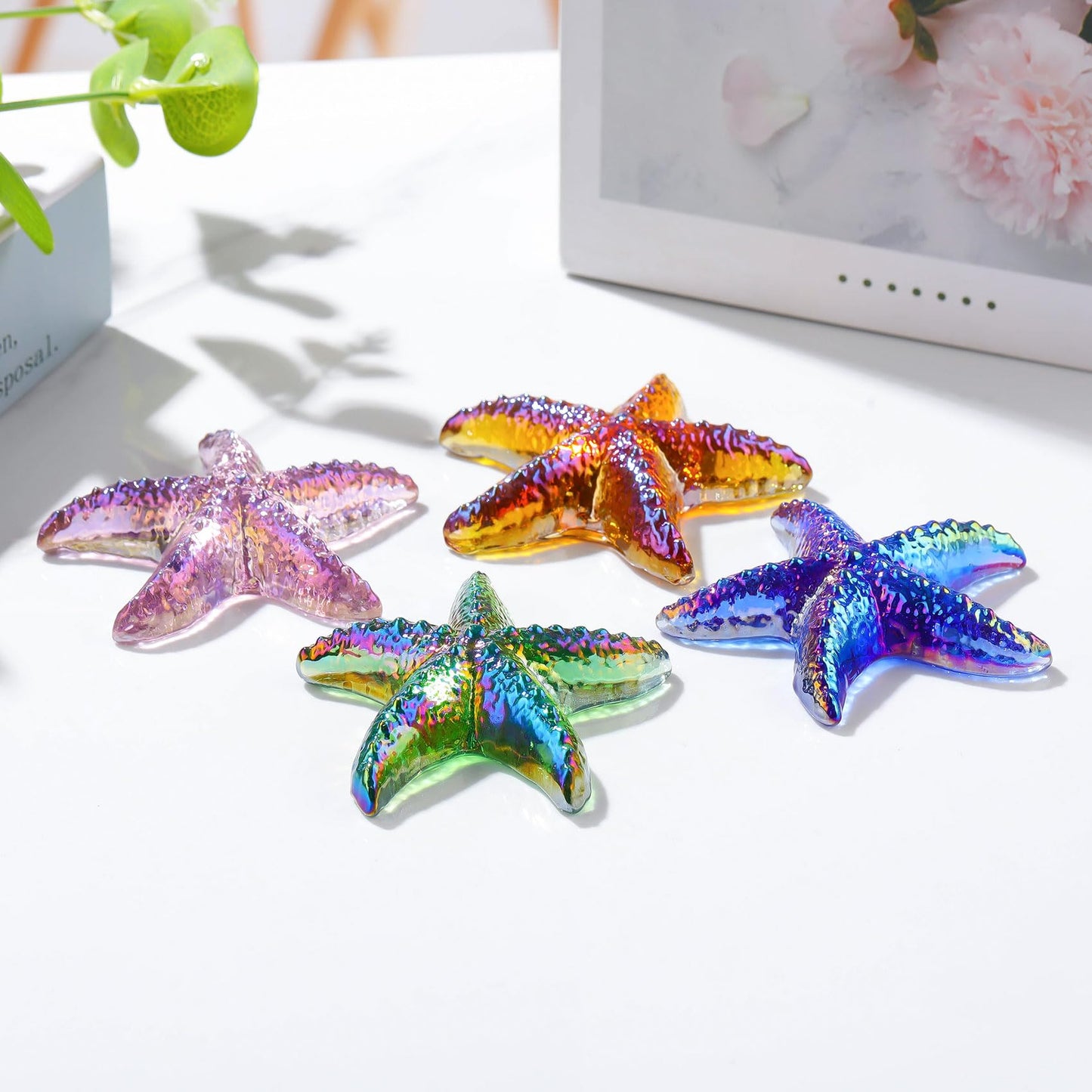 Movdyka 4Pcs Starfish Crystal Figurine Desk Decor Handmade Blown Glass Sea Star Beach Themed Animals Ornaments Collectible Craft