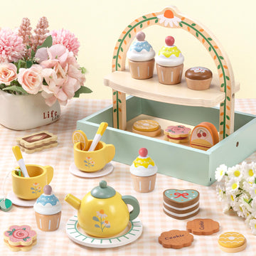 Toyssa Wooden Tea Party Set for Little Girls Toys Toddler Tea Set with Storage Cupcake Stand & Play Kitchen Accessories, Wooden