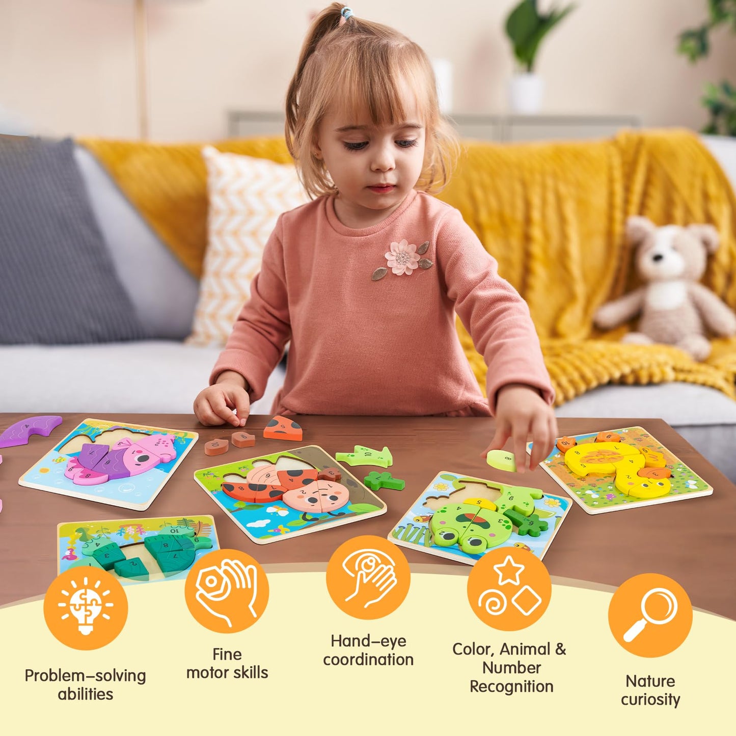 Deli Wooden Toddler Puzzles, 6 Pcs Animals Puzzles For Toddler, Montessori Preschool Educational Learning Toys Make A Great Gift