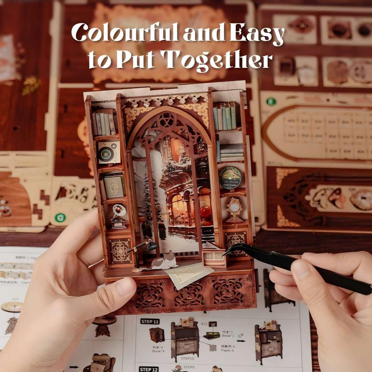 Fsolis Book Nook Kit, Diy Miniature House Room Kit For Adult Activity Mini Puzzle Booknooks Bookshelf Library Decor Gifts For Women Teenagers Craft Lovers(Bookshop Memory)