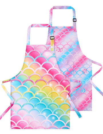 Wernnsai 2 Pack Mermaid Toddler Aprons - Rainbow Kids Art Aprons For Girls Toddler Paint Art Smock Waterproof Cooking Baking Painting Gardening Artist Chef Apron For Kids Age 6-10 Years