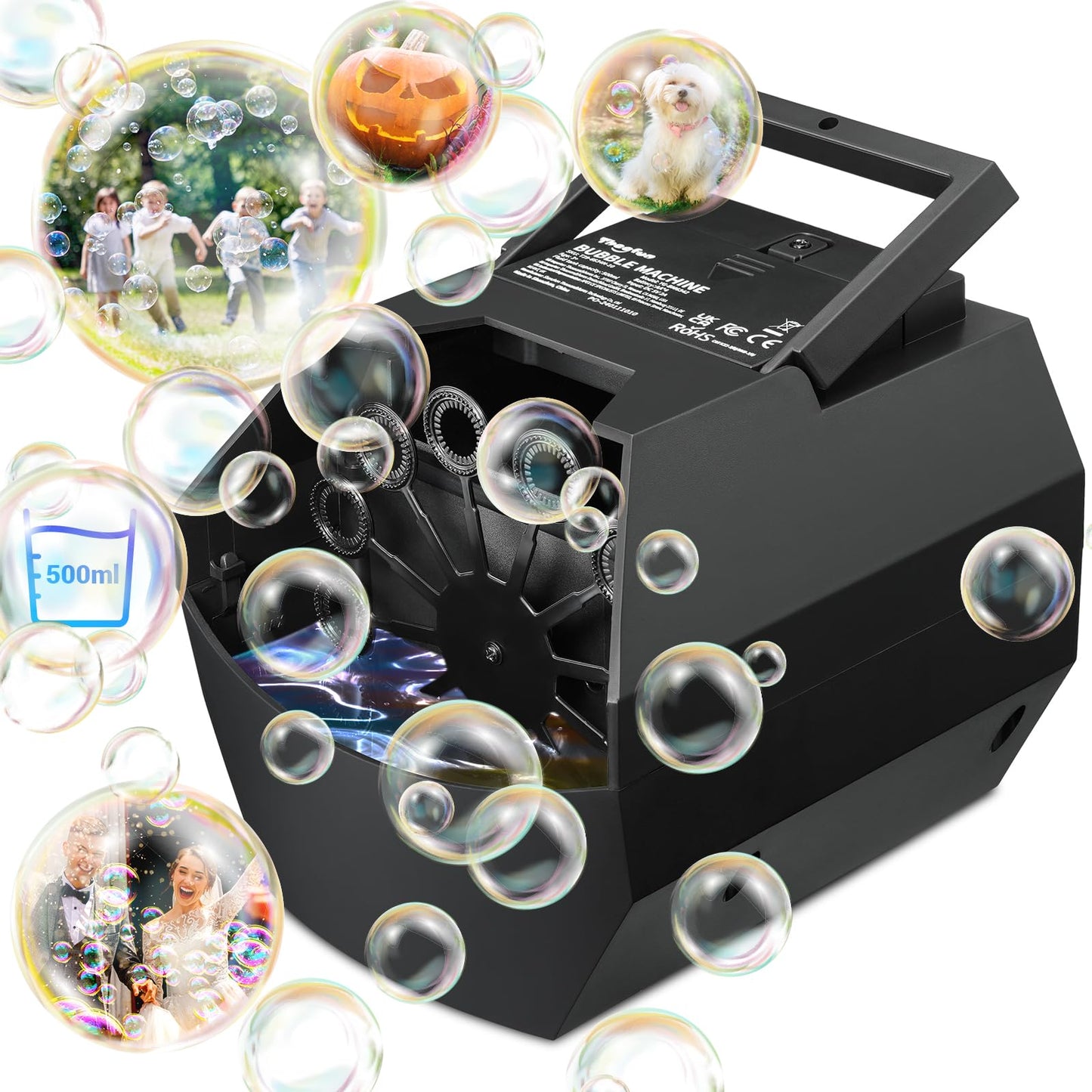 Theefun Bubble Machine - 500ML Automatic Bubble Blower for Kids, Portable, Black, Model T29-6634N-10, Plug-in or Battery Operated