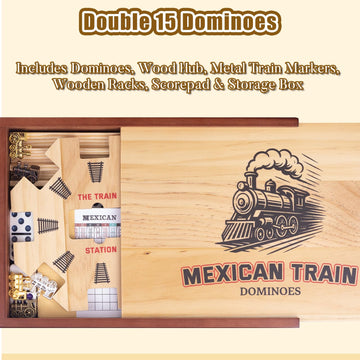 Extguds Double 15 Mexican Train Dominoes Set - 136 Color Dot Tiles, 8 Wooden Trays, Velvet Pouch, Family Board Game, Multi-colored