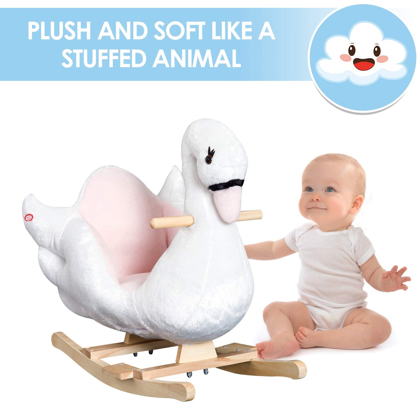 Qaba Kids Ride On Rocking Horse Plush Swan Style Toy With Music For Over 18 Months Children, White And Pink