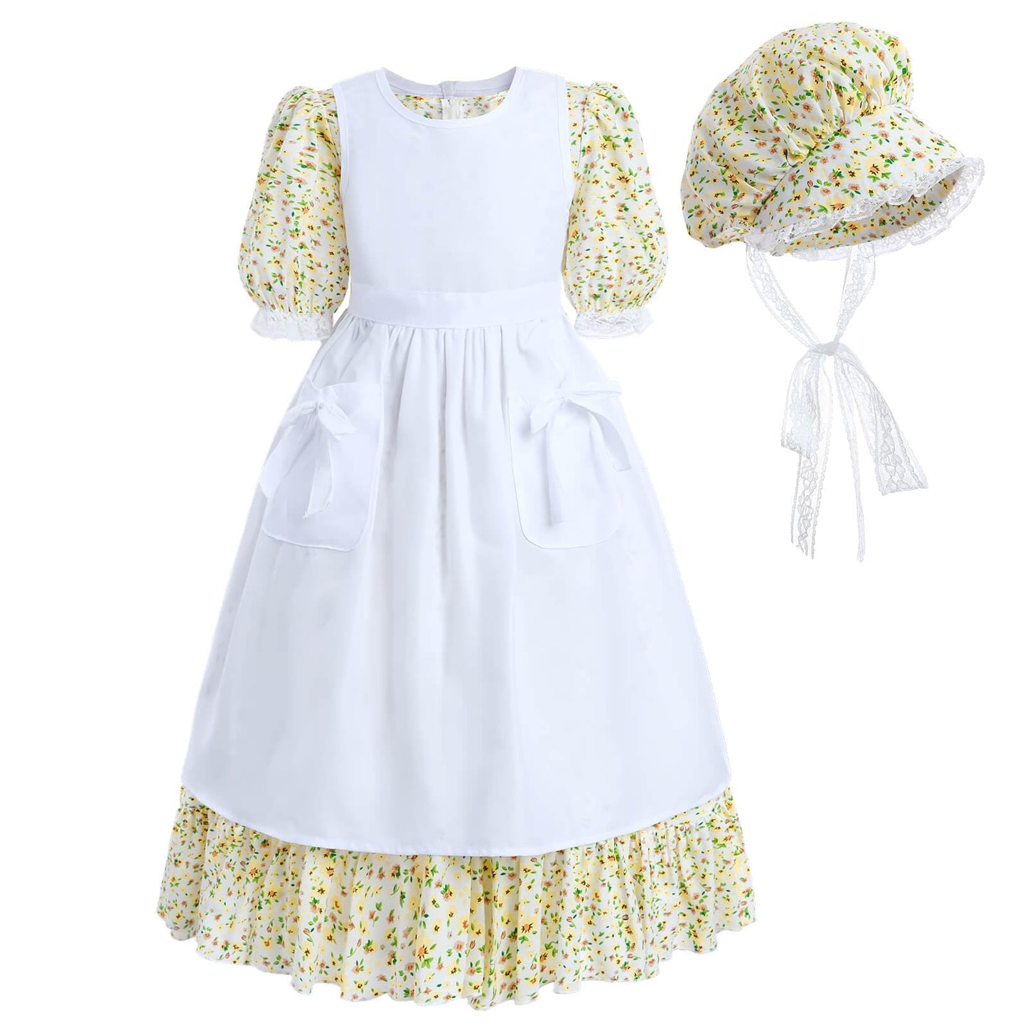 Nuoqi Colonial Costume Girls, Yellow Prairie Dress Girls Pioneer Dress Costume With Apron 10-12