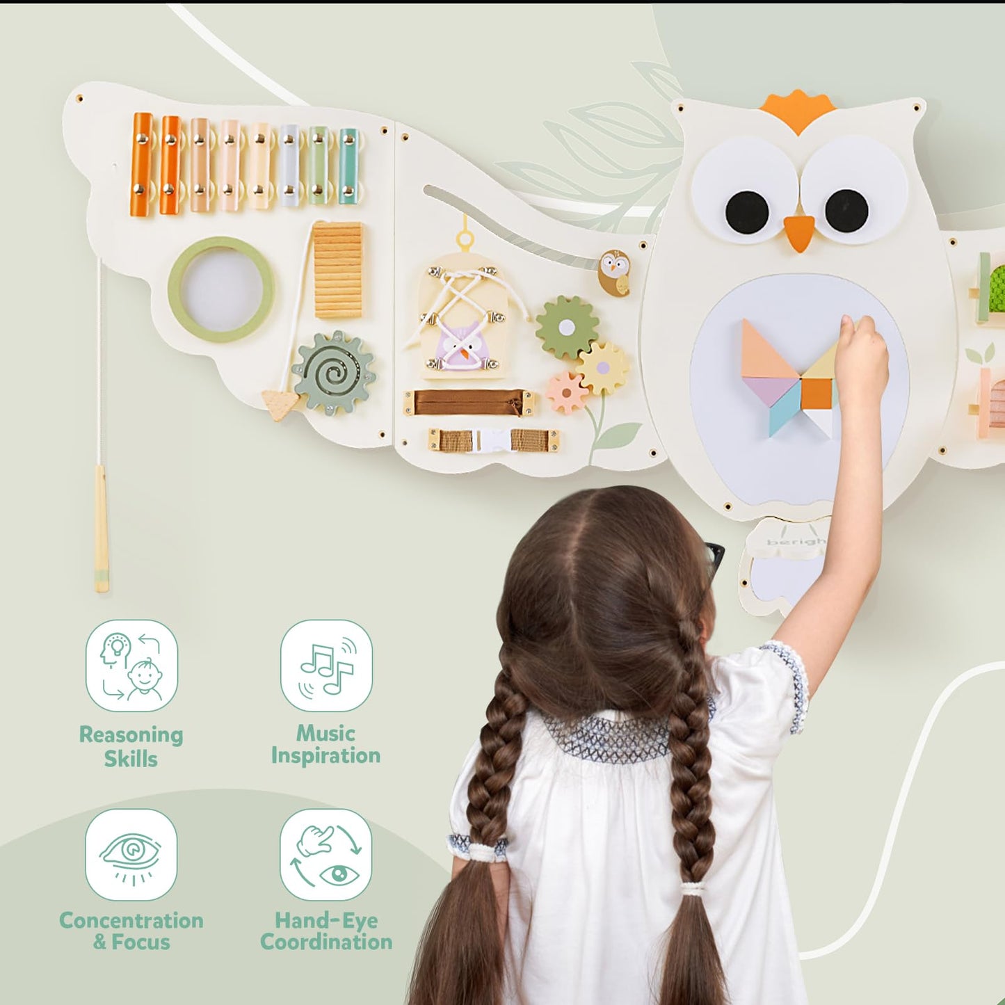 Beright Owl Activity Wall Busy Board Panels, Montessori Sensory Toys, Toddler Learning Activity Center, Perfect For Toddler Playroom & Children'S Daycare, White