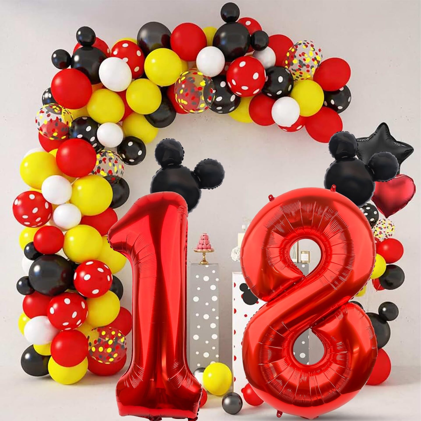 Lebery Mouse Number 8 Balloon 40 Inch Red Number 8 Balloon Mini Mouse Head Balloon For 8Th Birthday Party, Black Red Large Number 8 Foil Balloon For Baby Shower Anniversary Supplies Decorations