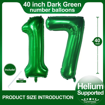Number 17 Dark Green Balloons 40 Inch Giant Green 17 Numer Foil Helium Balloons For 17Th Green Birthday Party Supplies 17Th Anni